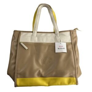 Isaac Mizrahi Laptop Tote Cream Tan Yellow. Green & White Interior 14x14x6" READ